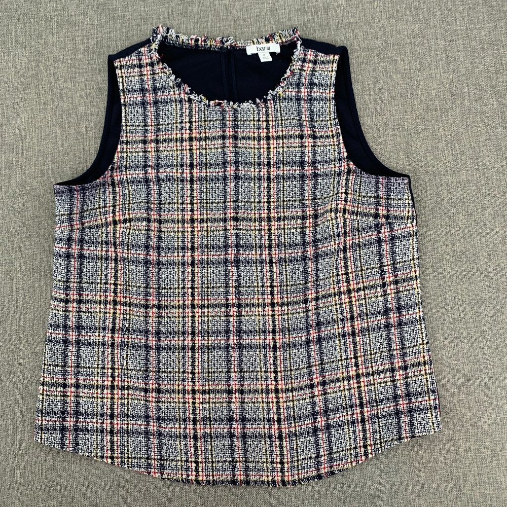Bar III Sleeveless Knit Plaid‎ Blouse Round Fringe Neckline Sz 12 Acrylic Cotton